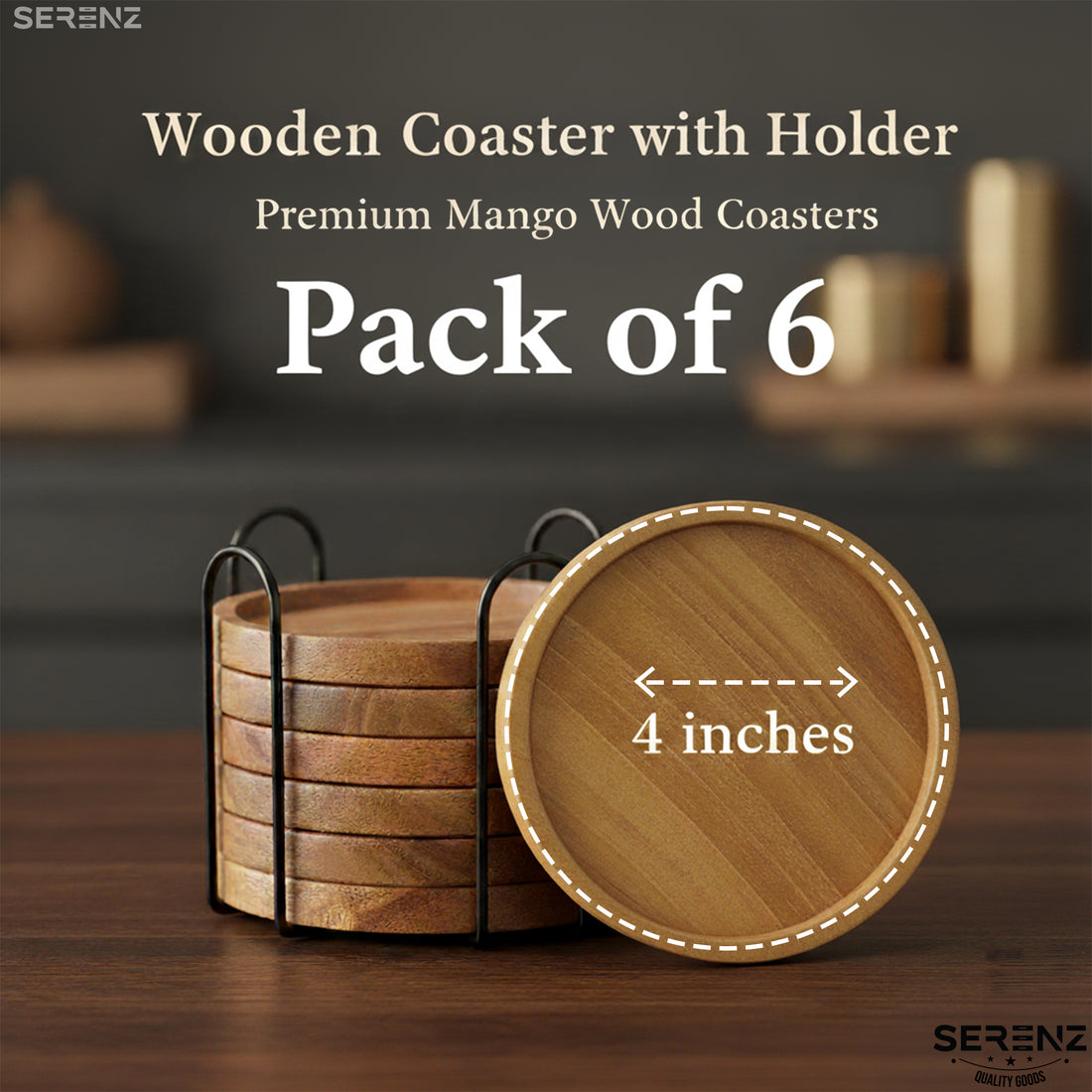 Serenz, Wooden Coaster Set of 6 for Dining Table, Mango Wood | Coffee, Tea Coaster Set for Coffee Table Decor | Coasters for Dining Table for Hot Pots | Table Coasters Set, Round Coasters with Holder