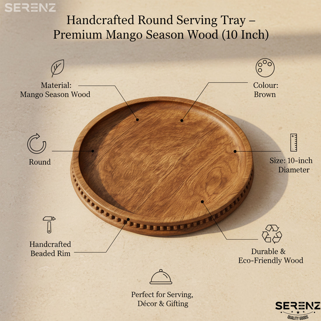 Serenz, Premium Decorative Round Acacia Wood Tray - Beaded Edge Design, Pack of 1, Perfect Small Candle Tray for Kitchen, Dining Room, Coffee Table & Home Decor
